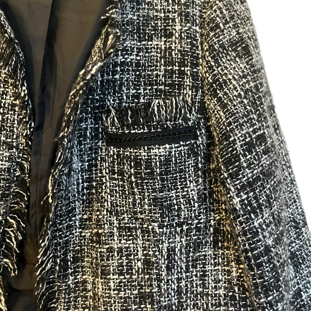 Sandro Tweed Long Jacket Black Boucle Blazer Fringe Collarless Classic Size L - Picture 5 of 12